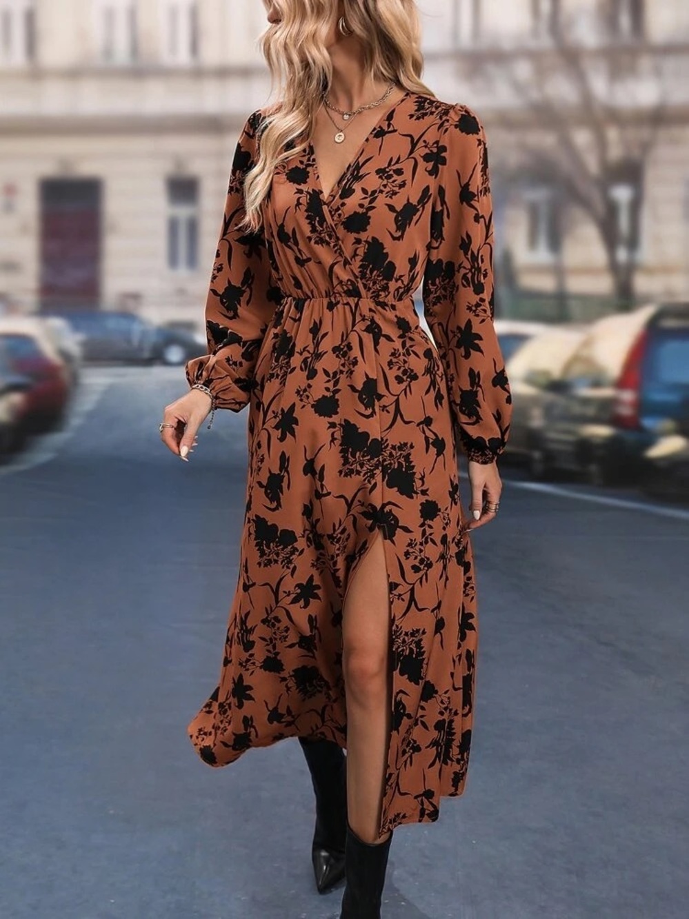 SHEIN Rust Orange Floral Wrap Maxi Dress with Black Print
